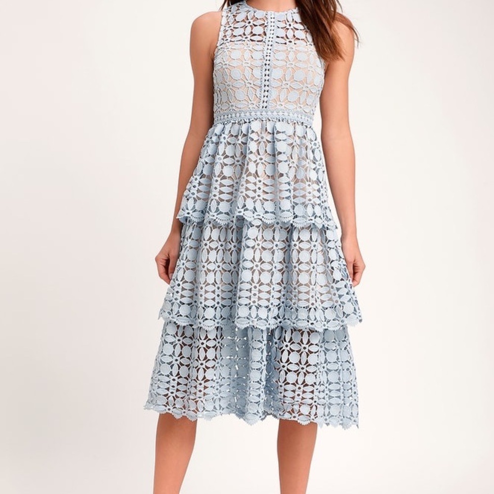 Lulu’s Larissa Light Blue Crochet Lace Midi Dress